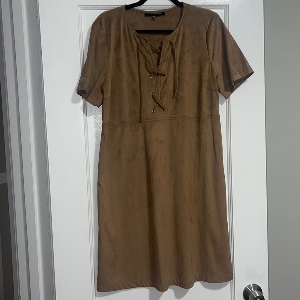 Brown Lace-Up Short Sleeve Shift Dress Cocktail Suede Size XL